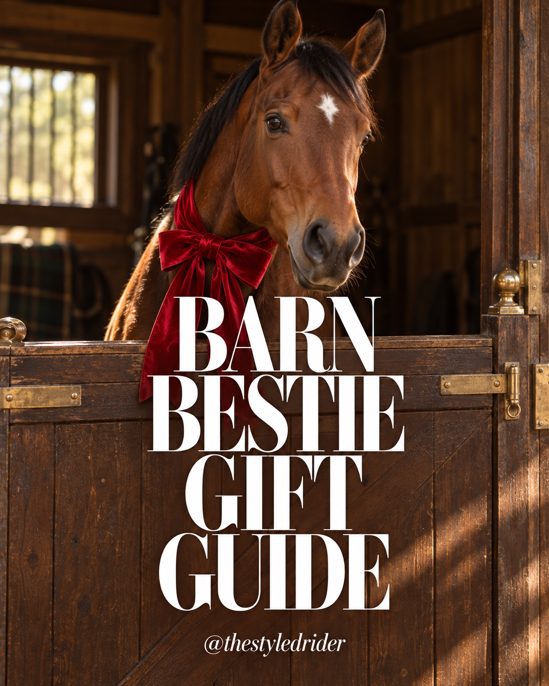 Barn Bestie Gift Guide. A horse wearing a red bow in a barn.