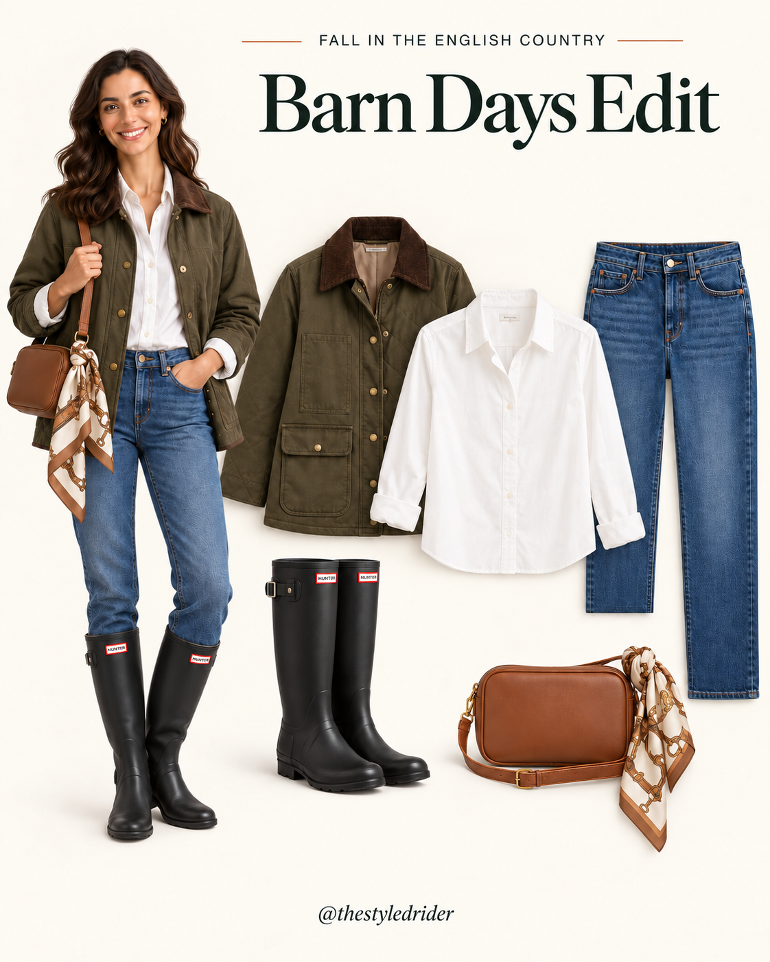 Barn Days Edit: olive barn jacket, white shirt, blue jeans, tall black boots, tan bag and equestrian scarf.