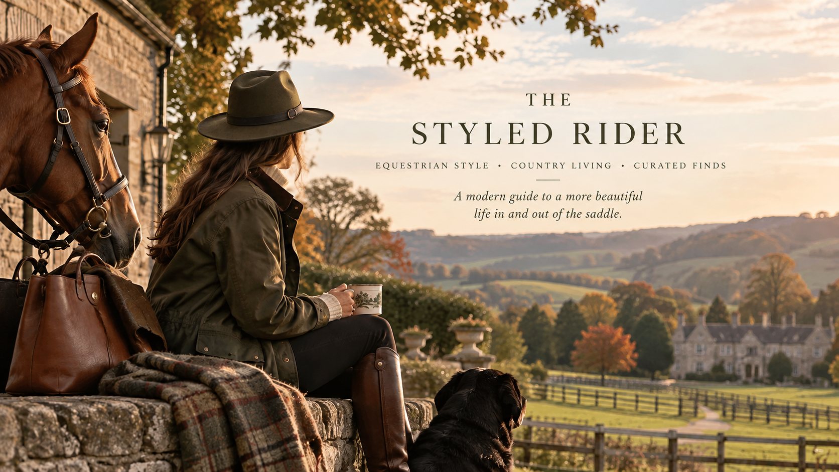 The Styled Rider. Equestrian style, country living, curated finds. Autumn countryside with a rider, horse, and dog.