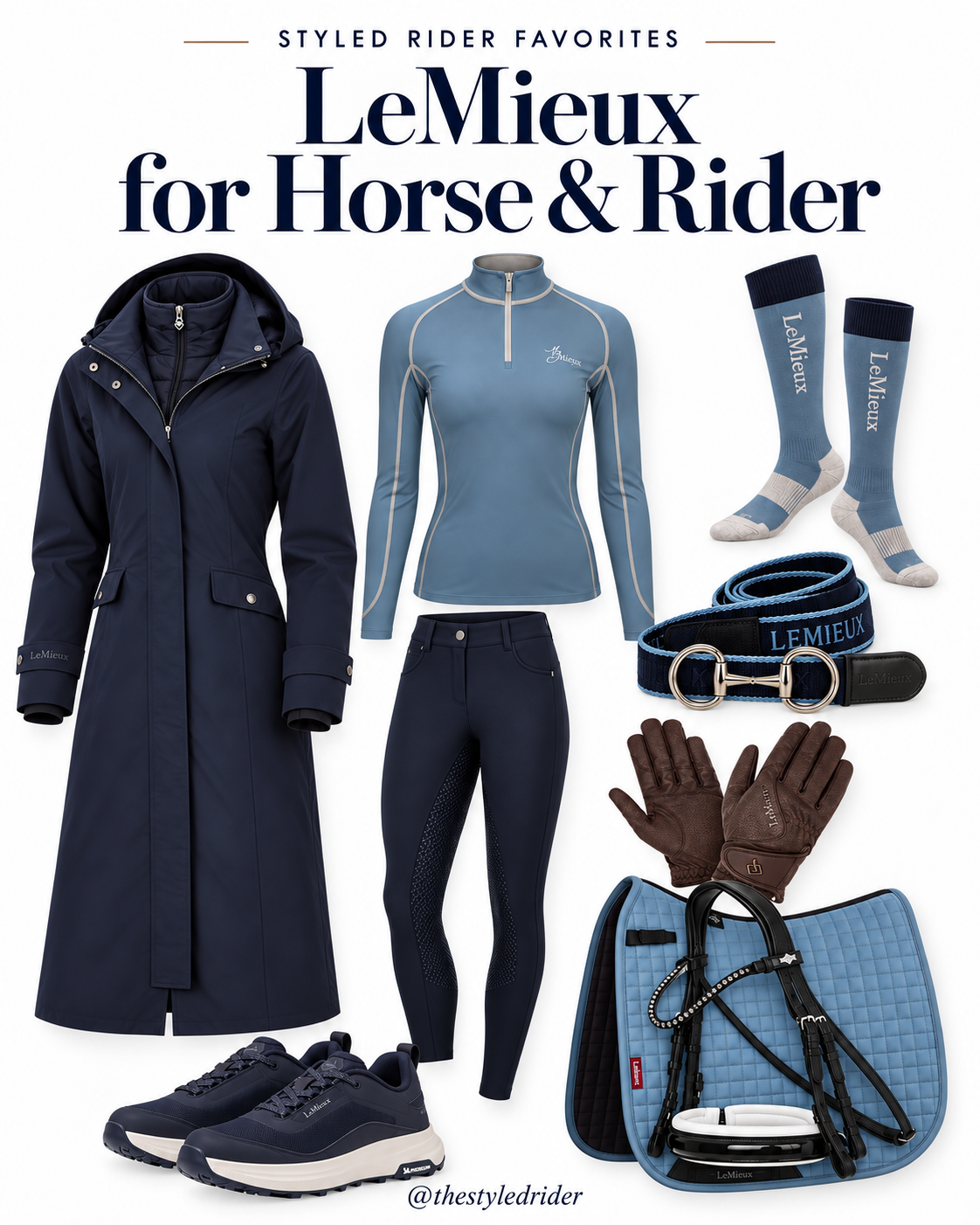 LeMieux for Horse and Rider: navy and blue riding apparel, socks, belt, gloves, trainers, saddle pad and bridle.